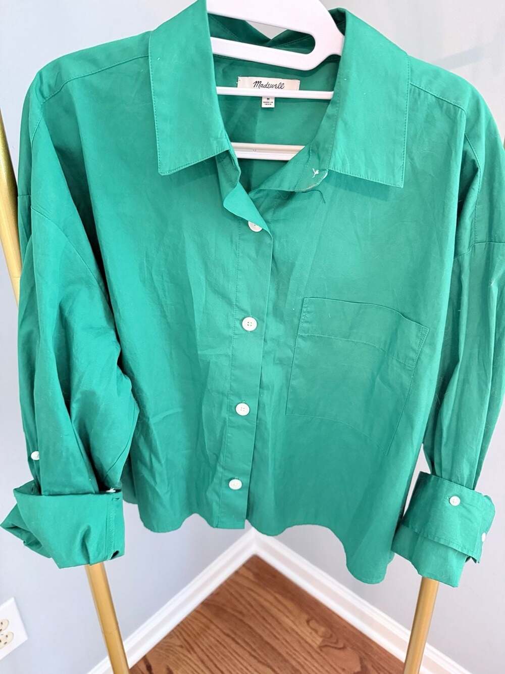 Madewell Poplin Straight-Hem Shirt Size M Green Cotton Button-Down